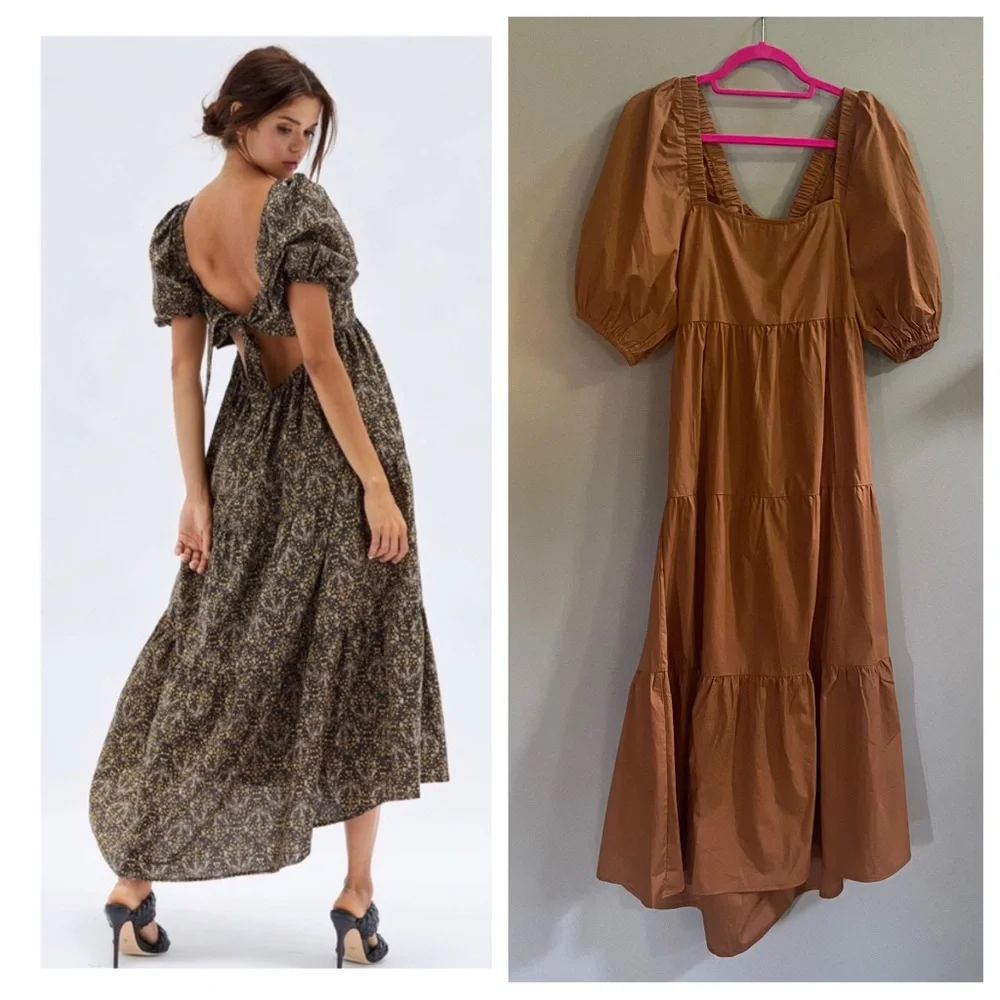 New! Minkpink Yasamin puff sleeve tiered midi dress caramel brown 13983